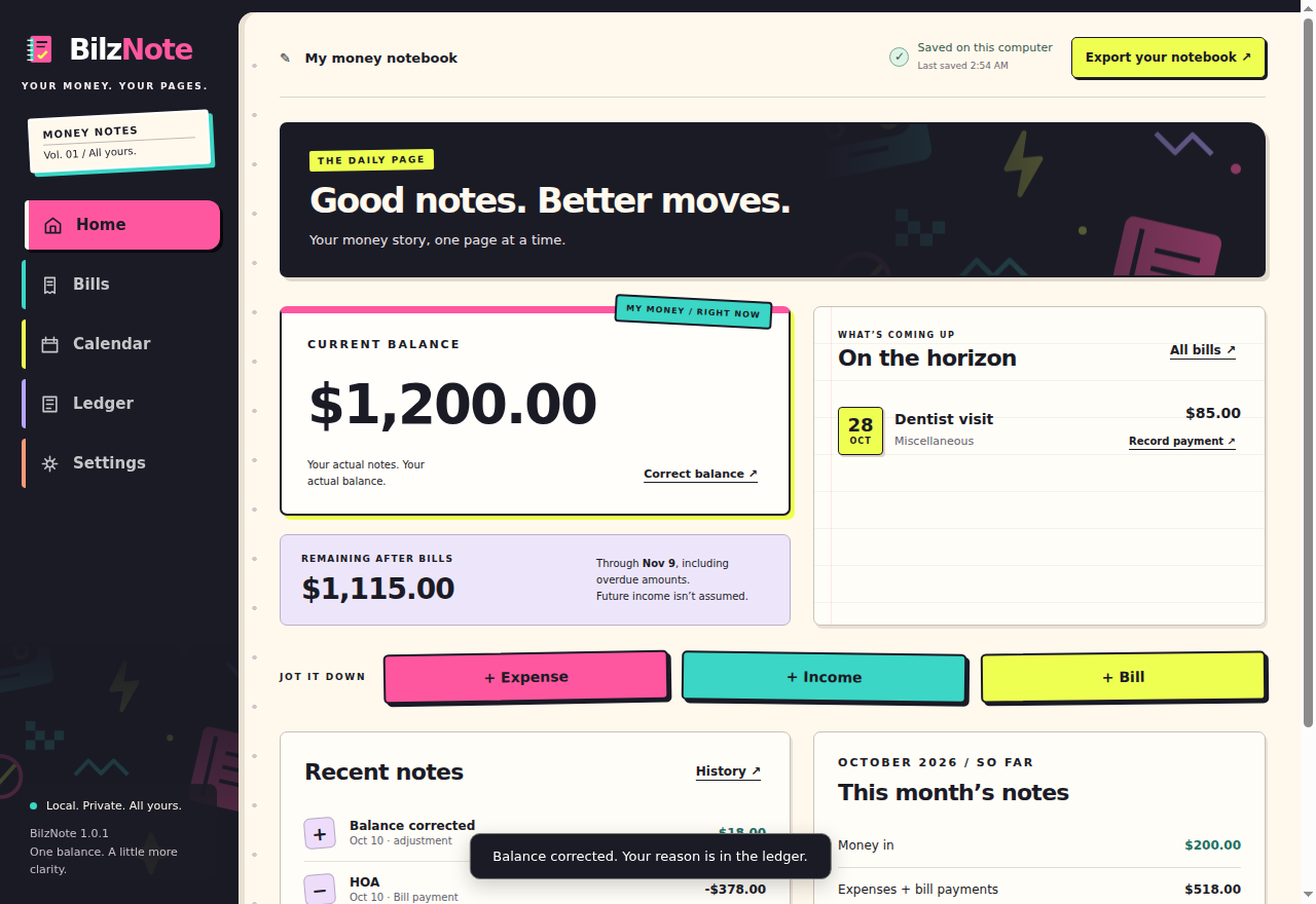 BilzNote Windows 1.0.1 home screen with illustrative bills, balance and notes