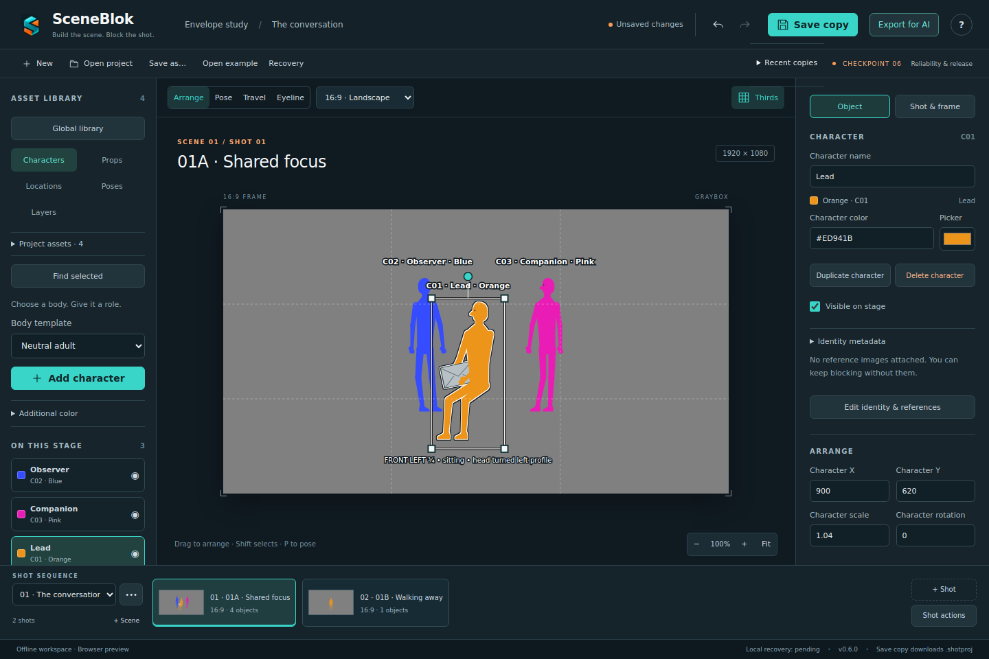 SceneBlok editor from the supplied release, showing characters, scene canvas and object controls